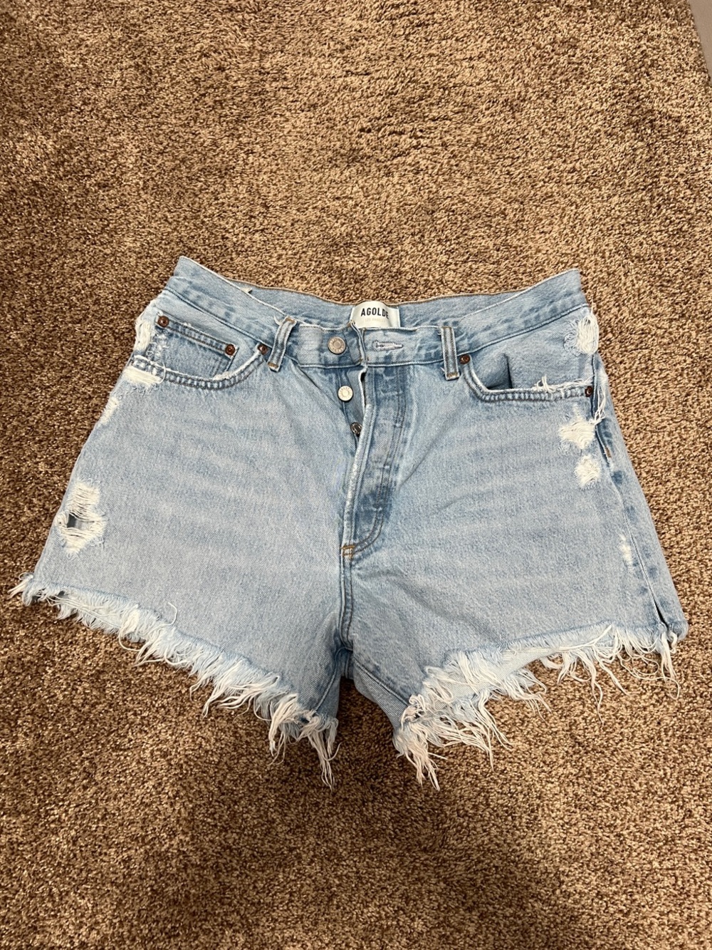 Agolde Light Blue Frayed Hem High-Rise Jean Shorts